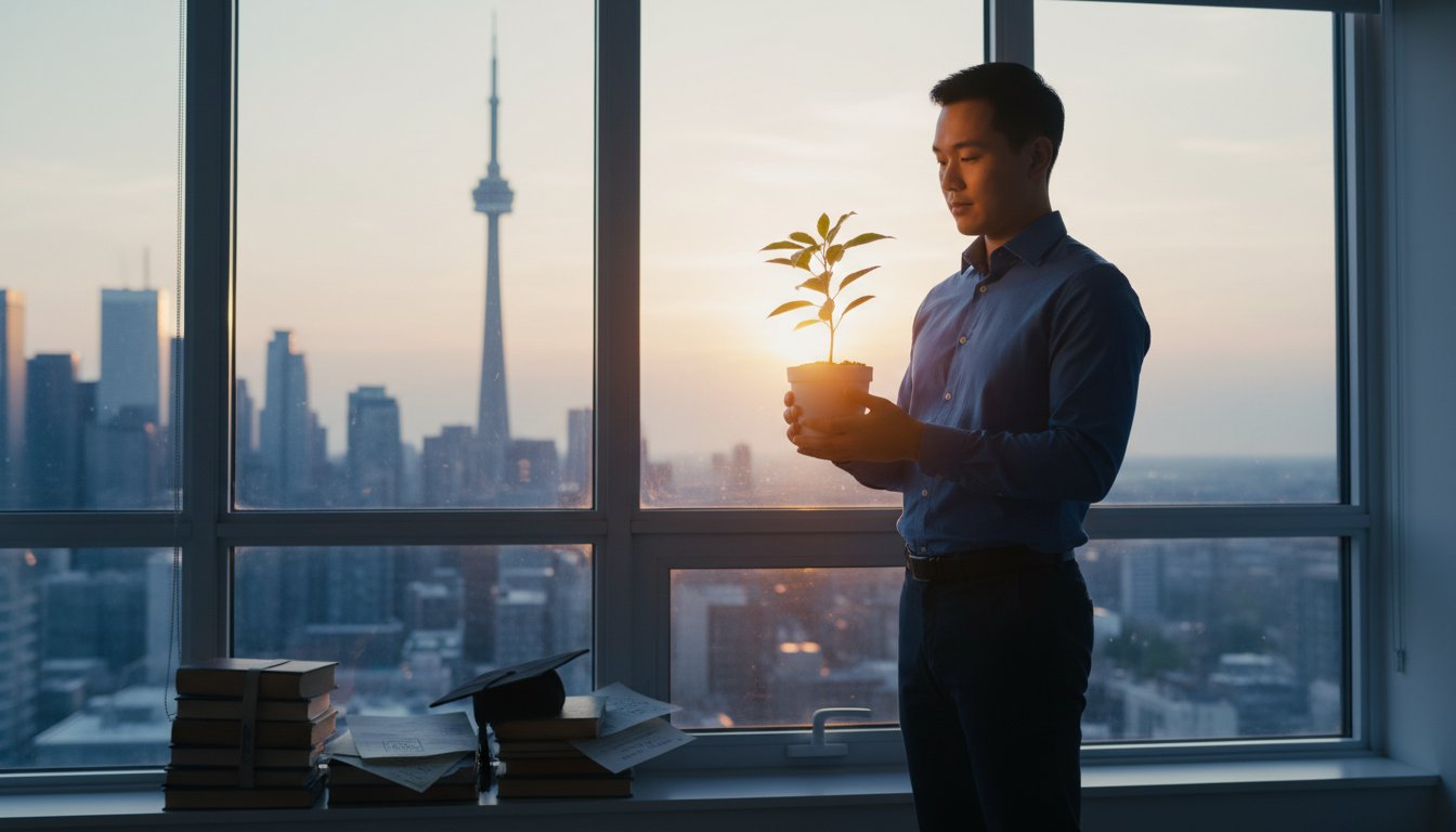 Happy Business Owner in Toronto, looking at his money tree grow