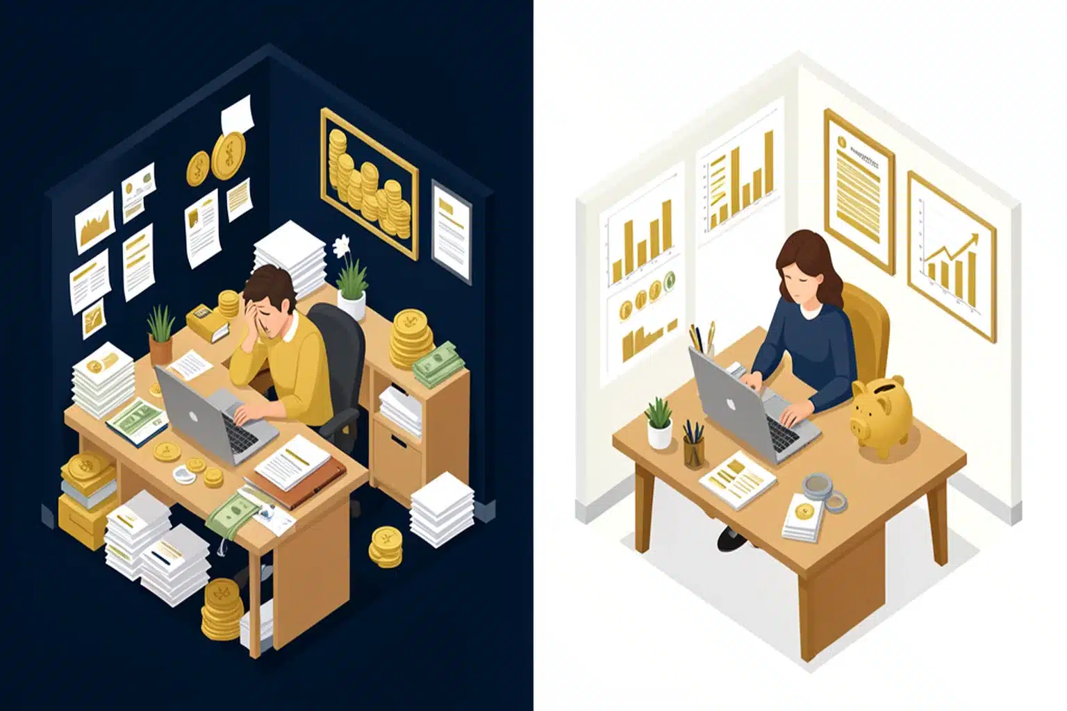 Isometric before and after illustration showing the impact of lifestyle creep on finances