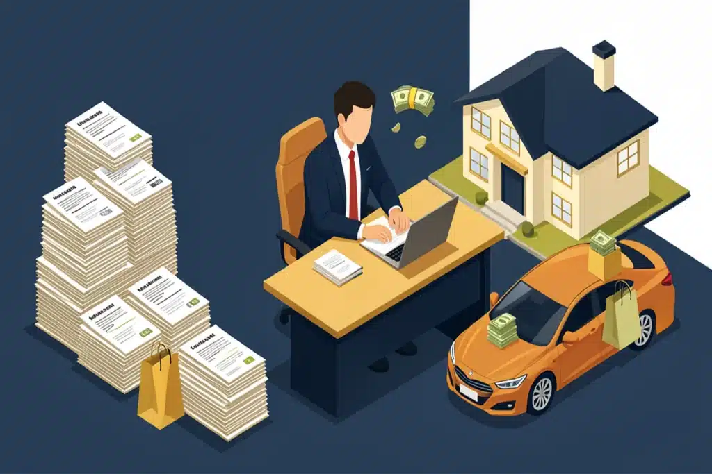 Isometric illustration of lifestyle creep showing a business owner surrounded by rising expenses