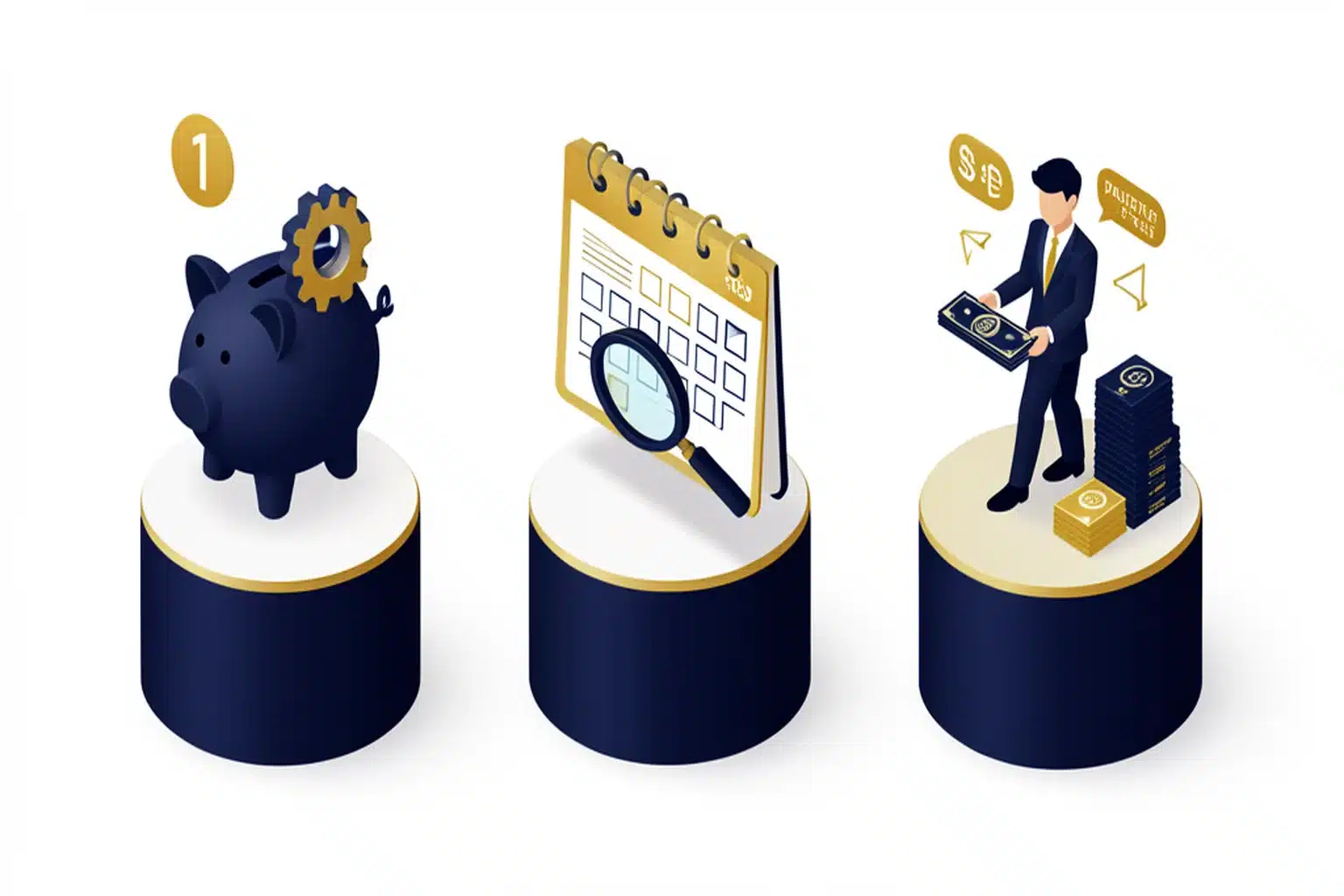 Isometric illustration of three strategies to fight lifestyle creep: automate savings, review quarterly, pay yourself first