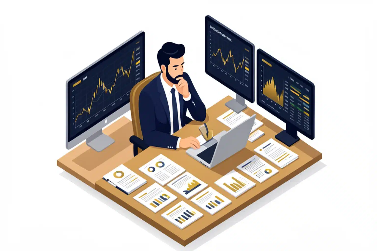Business owner considering investment options at desk