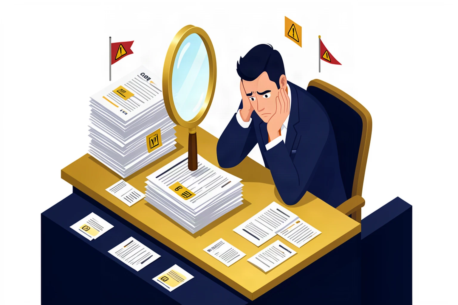 Stressed business owner facing tax paperwork and CRA audit warning flags, isometric illustration