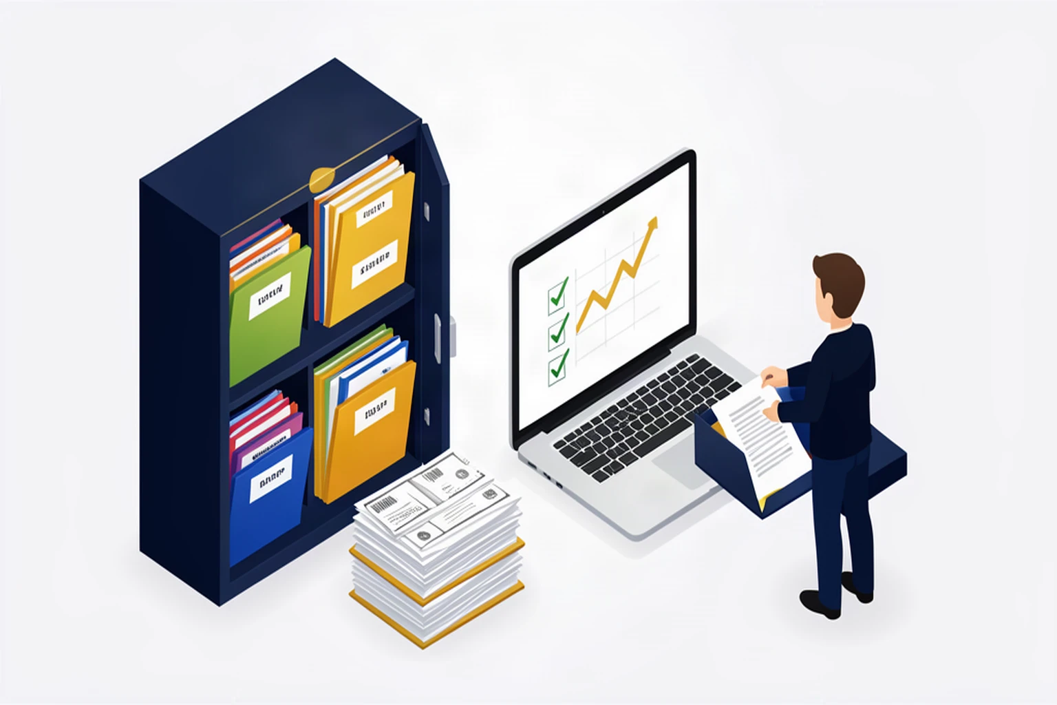 Organized bookkeeping system with filing cabinet and neatly stacked receipts, isometric illustration