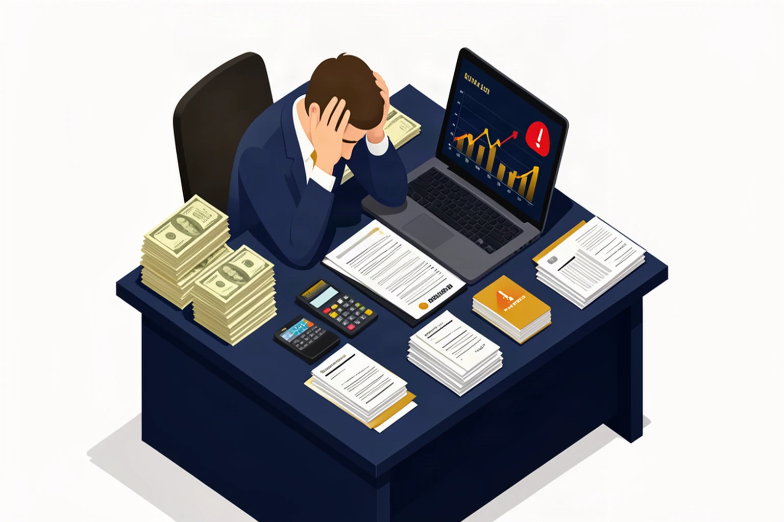 Isometric illustration of a stressed business owner at a desk covered with bills and a laptop showing declining charts