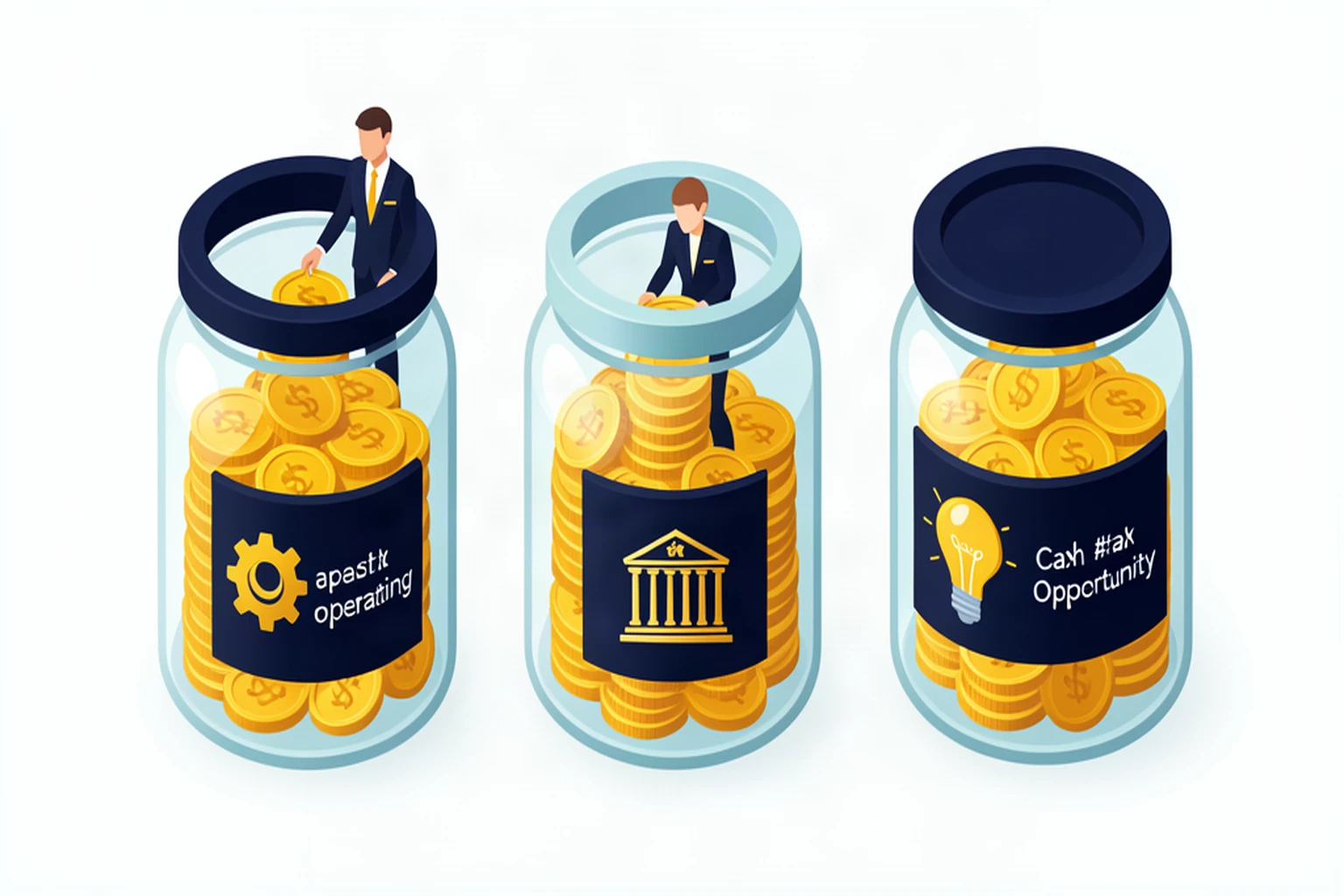 Isometric illustration of three labeled jars filled with golden coins representing operating, tax, and opportunity cash reserves