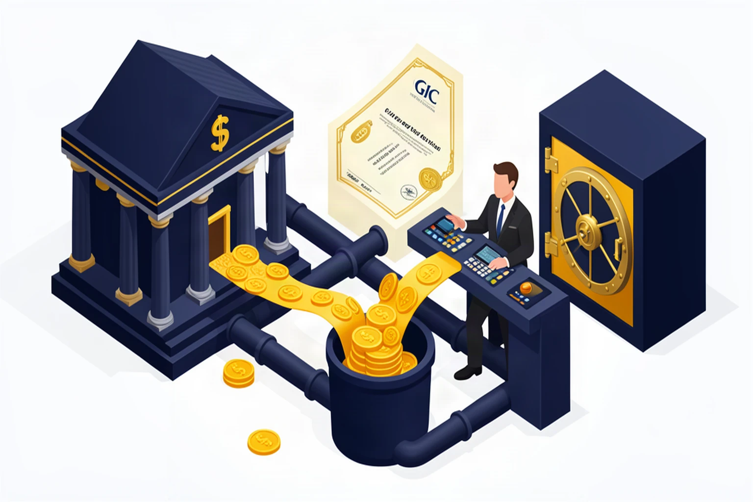 Isometric illustration of golden coins flowing through channels into a bank building, a GIC certificate, and a savings vault