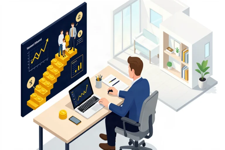 Canadian business owner setting financial goals at a desk with a coin staircase vision board