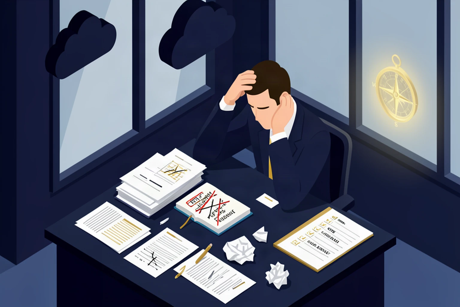 Stressed Canadian business owner at a desk surrounded by scattered financial papers and failed goals