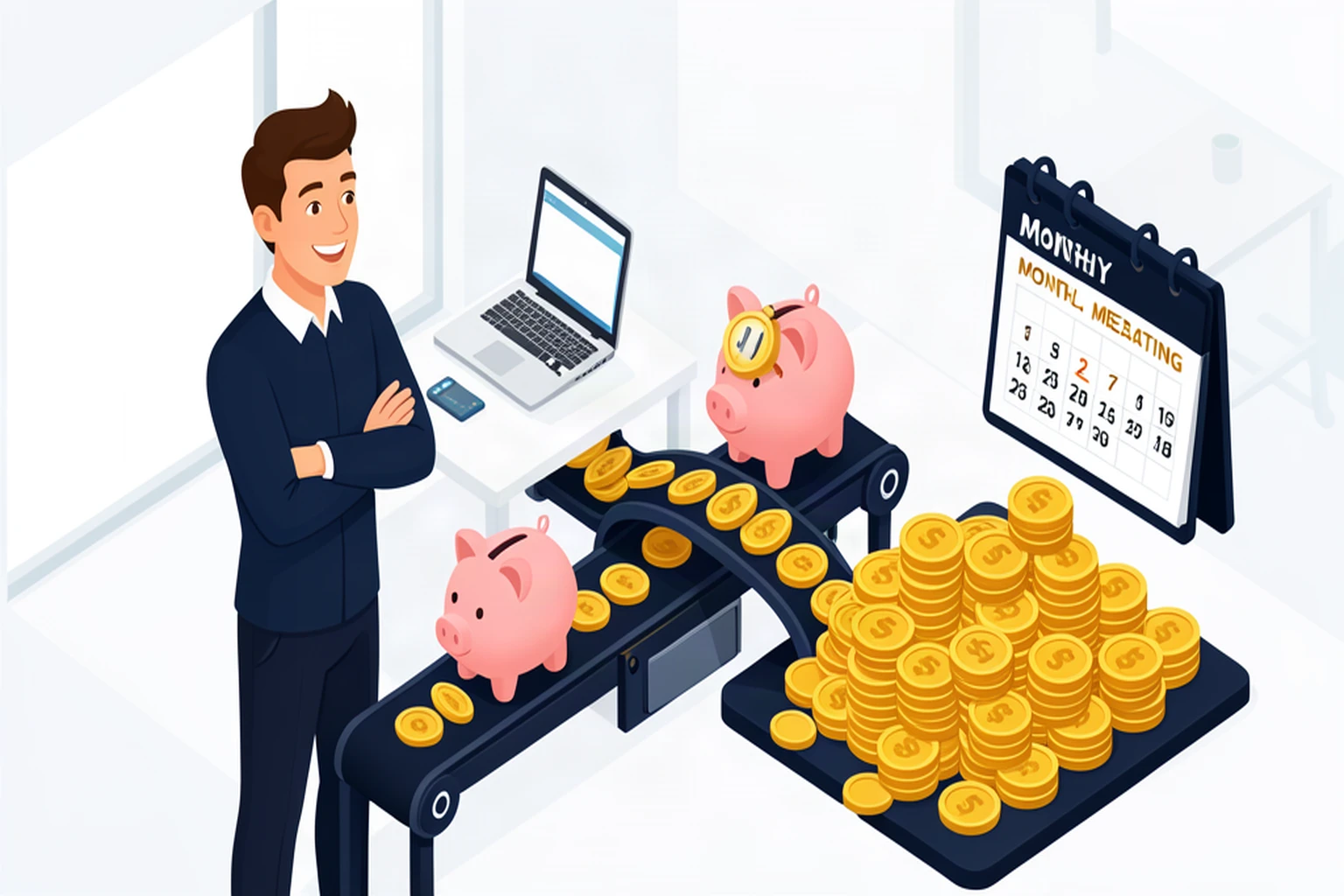 Automated financial system moving gold coins from a laptop into savings, with a calendar of recurring money meetings