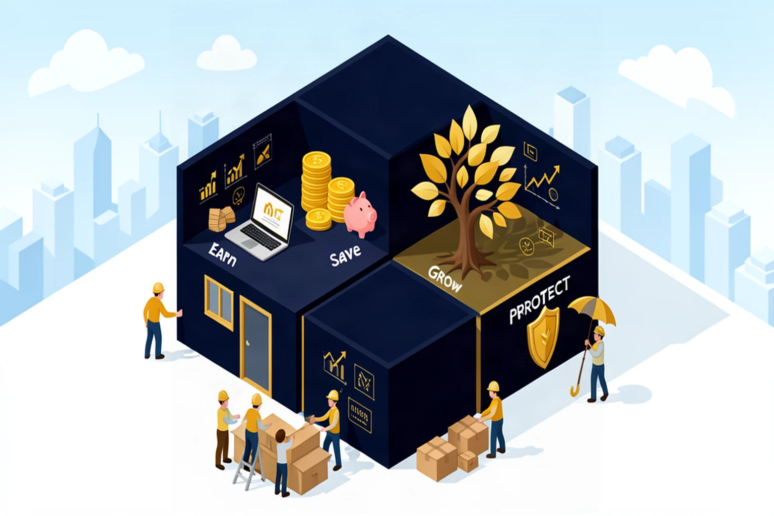 Family building a four-room Financial House with income, savings, investments and protection rooms
