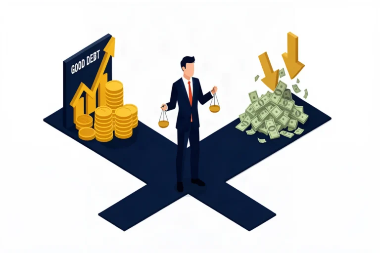 Canadian business owner at a crossroads choosing between good debt that grows wealth and bad debt that drains it, isometric illustration