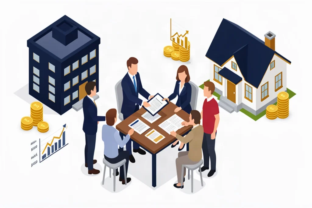 Isometric illustration of a business owner handing estate planning documents to his family with house and office building