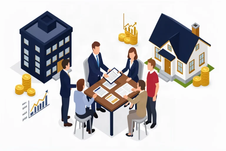 Isometric illustration of a business owner handing estate planning documents to his family with house and office building