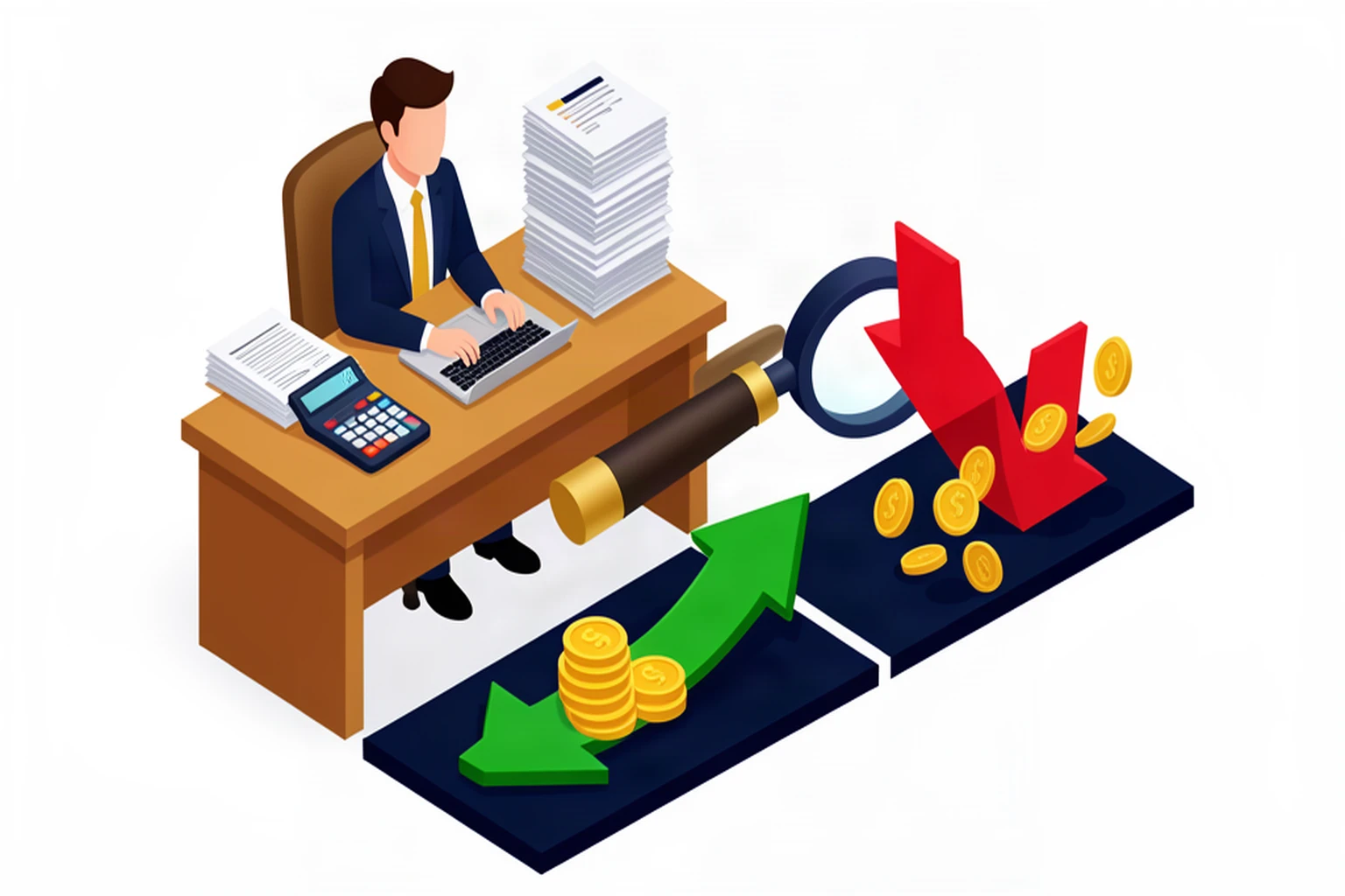 Isometric illustration of a business owner at a desk with a laptop showing charts and a calculator, with a divided path showing one sign pointing to growth and another pointing to decline