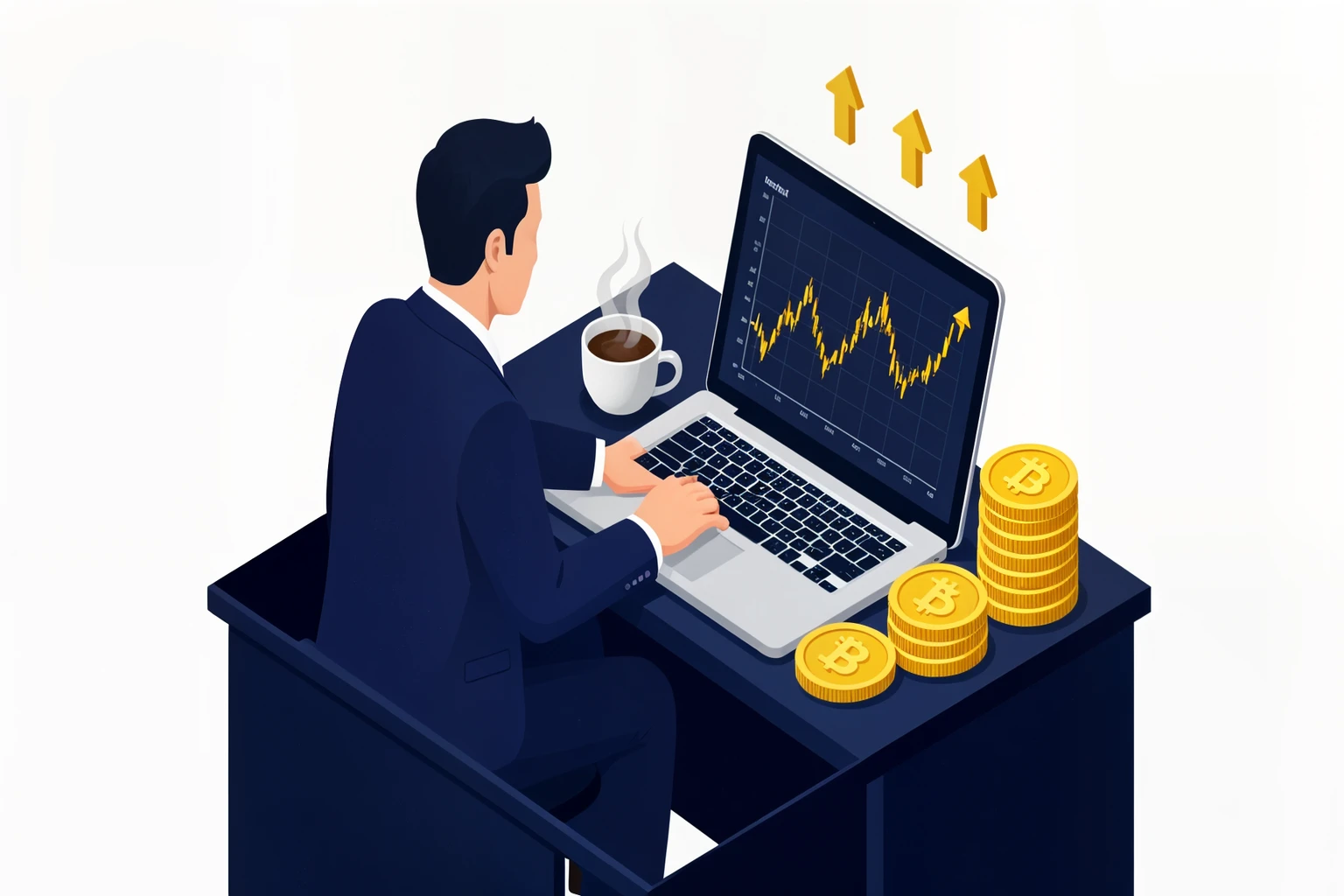 Isometric illustration of a business owner reviewing a Bitcoin price chart on a laptop with gold coins