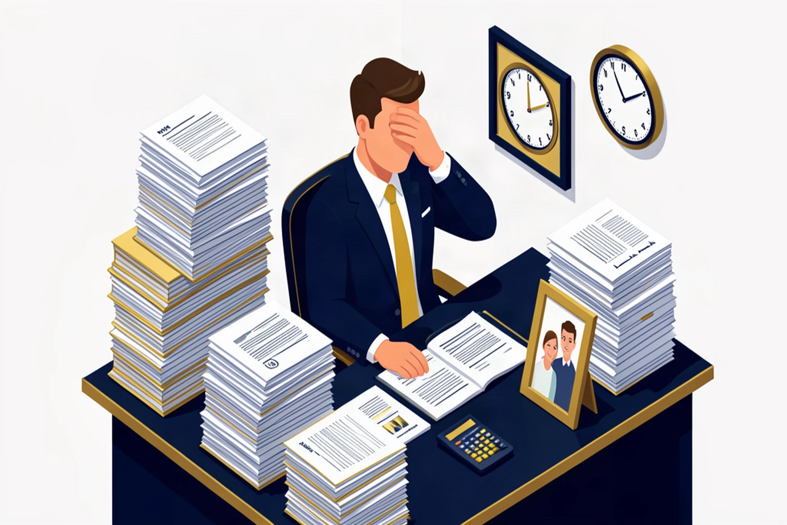 Isometric illustration of a stressed business owner surrounded by piles of legal documents at a desk