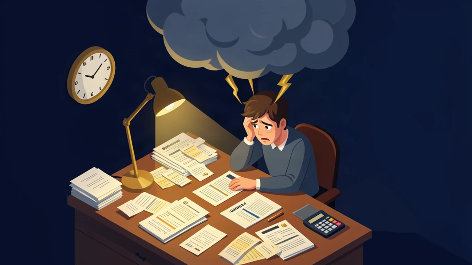 Stressed business owner at a desk with financial papers and a calculator