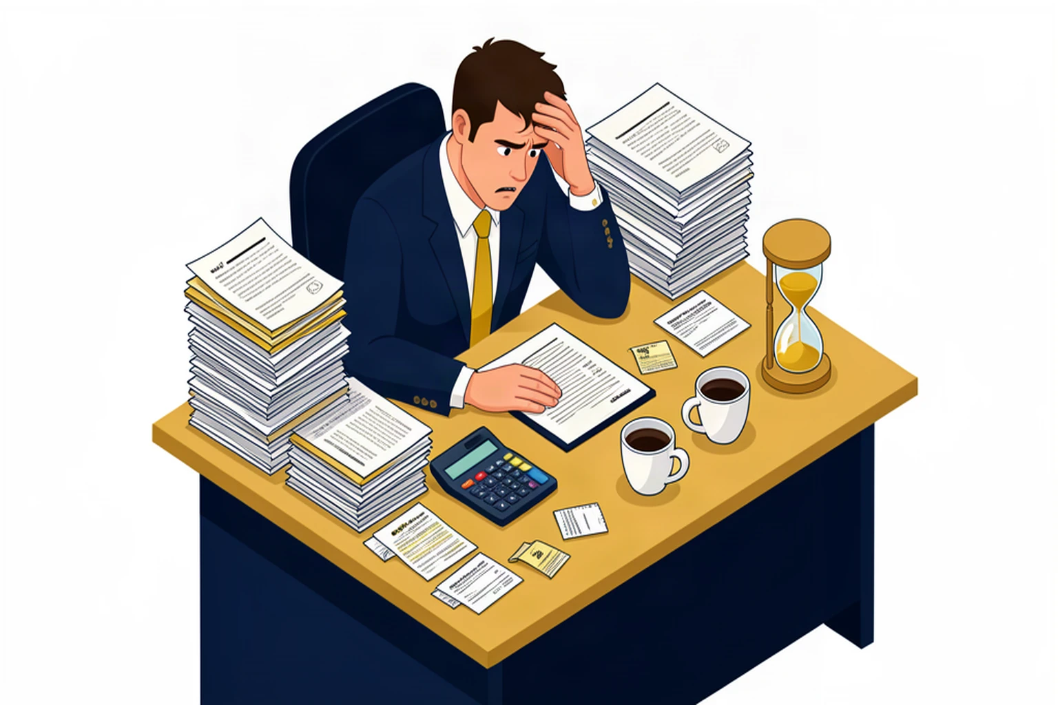 Stressed business owner at a cluttered desk buried in tax paperwork and receipts