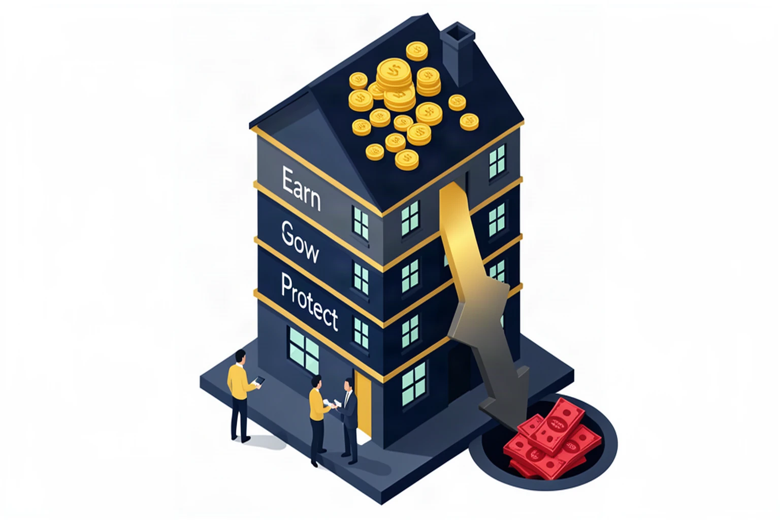 Isometric illustration of three stacked coins representing Earn, Save, Grow, Protect levels of the Financial House with debt arrows showing strategic flow upward and bad debt draining downward