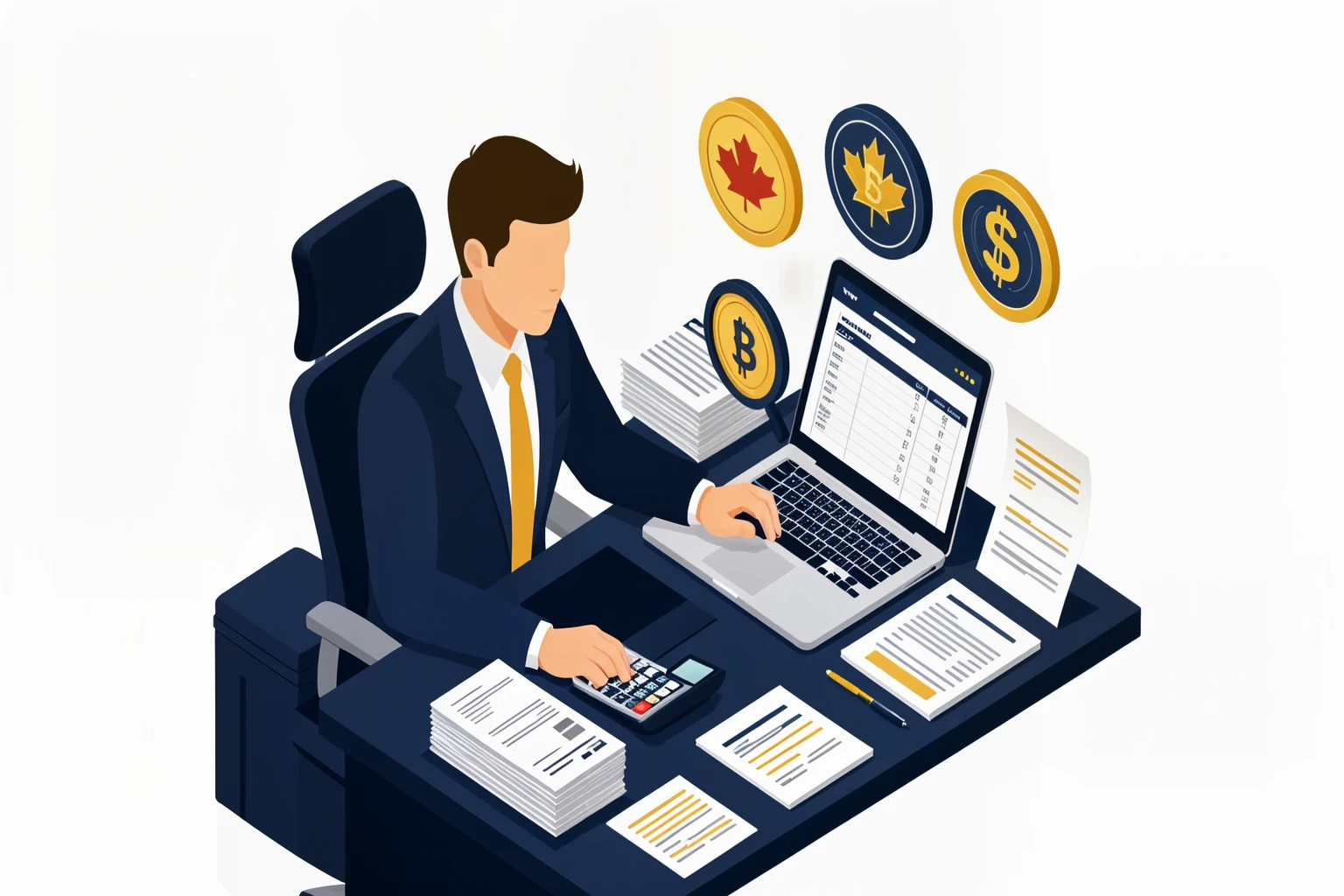 Isometric illustration of a business owner doing cryptocurrency taxes with documents and a calculator
