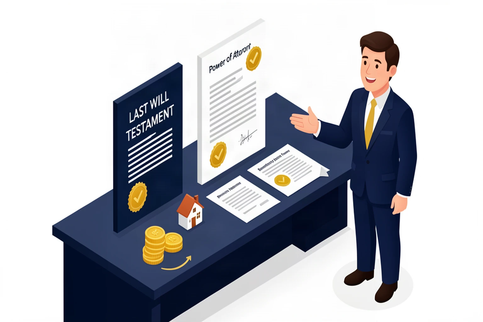 Isometric illustration of a financial advisor presenting will, power of attorney and beneficiary documents
