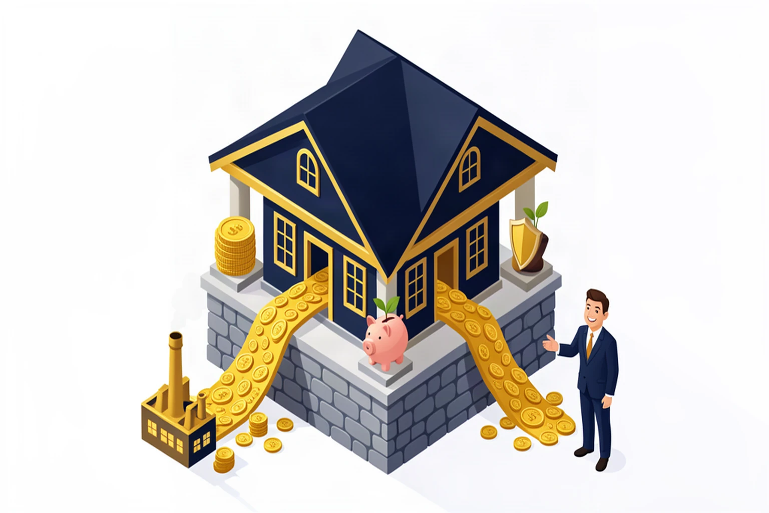 Isometric illustration of a house with four pillars and gold coins flowing in from a business