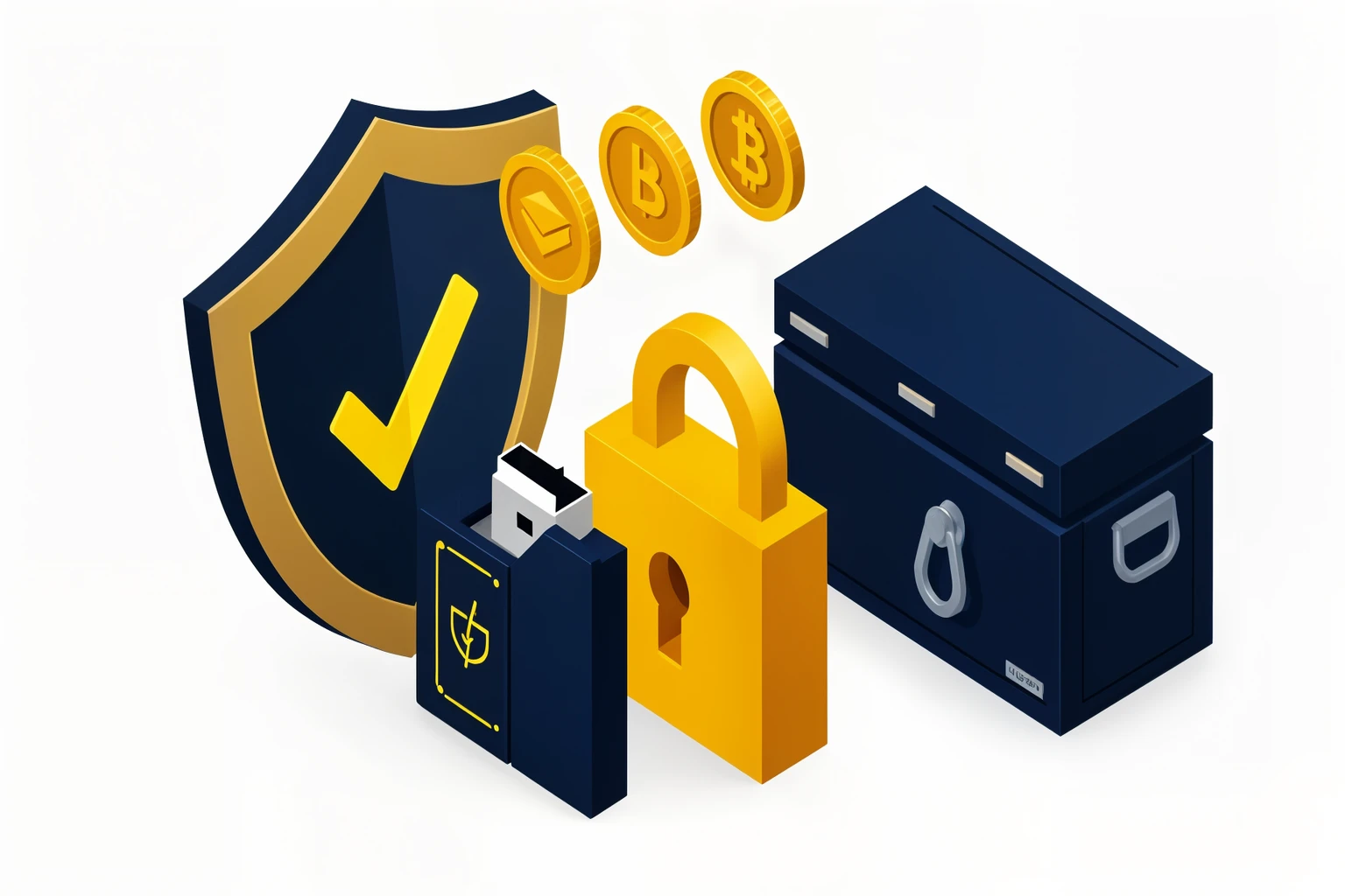 Isometric illustration of secure cryptocurrency hardware wallet with padlock and shield