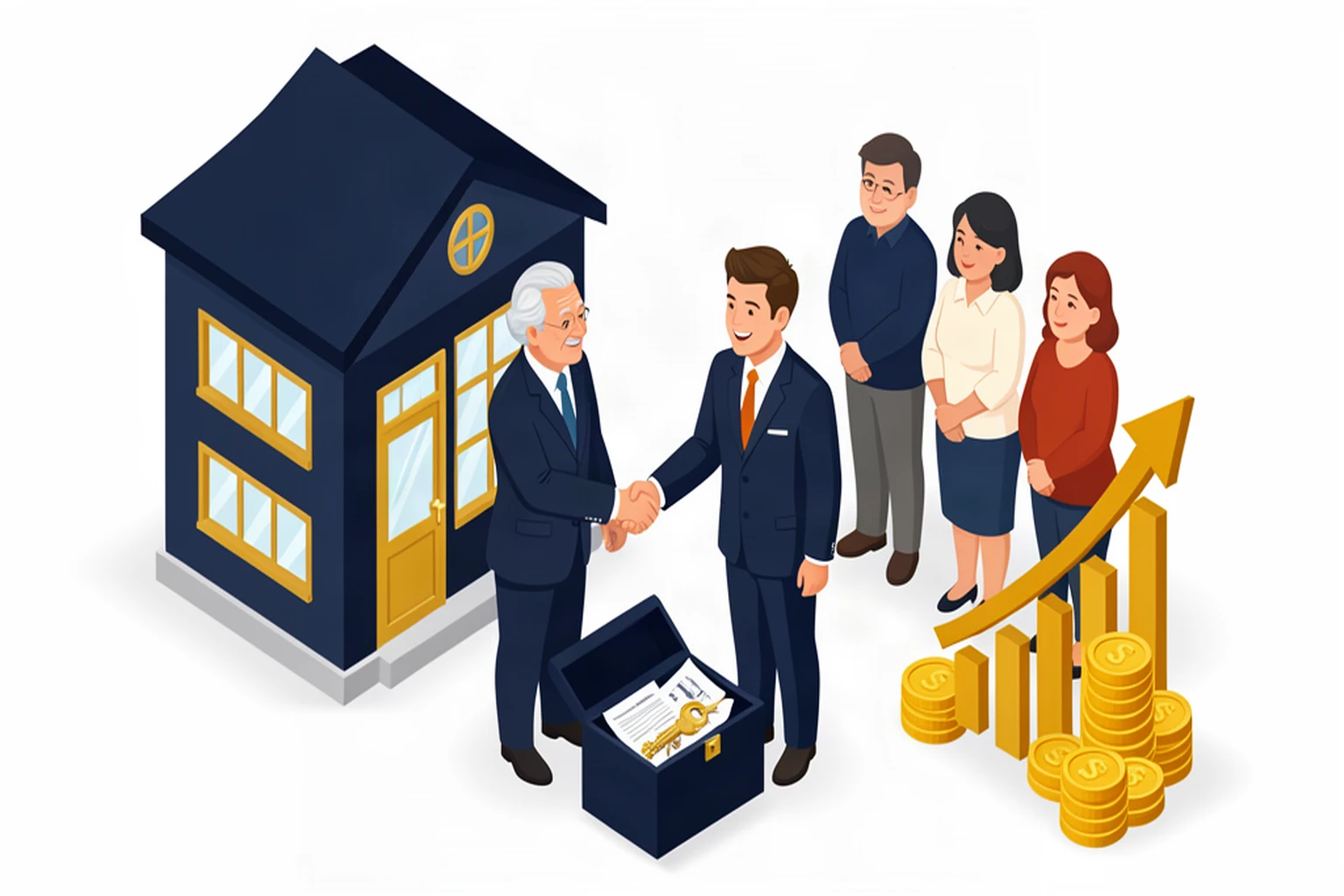 Isometric illustration of a business owner shaking hands with a successor during a business transition