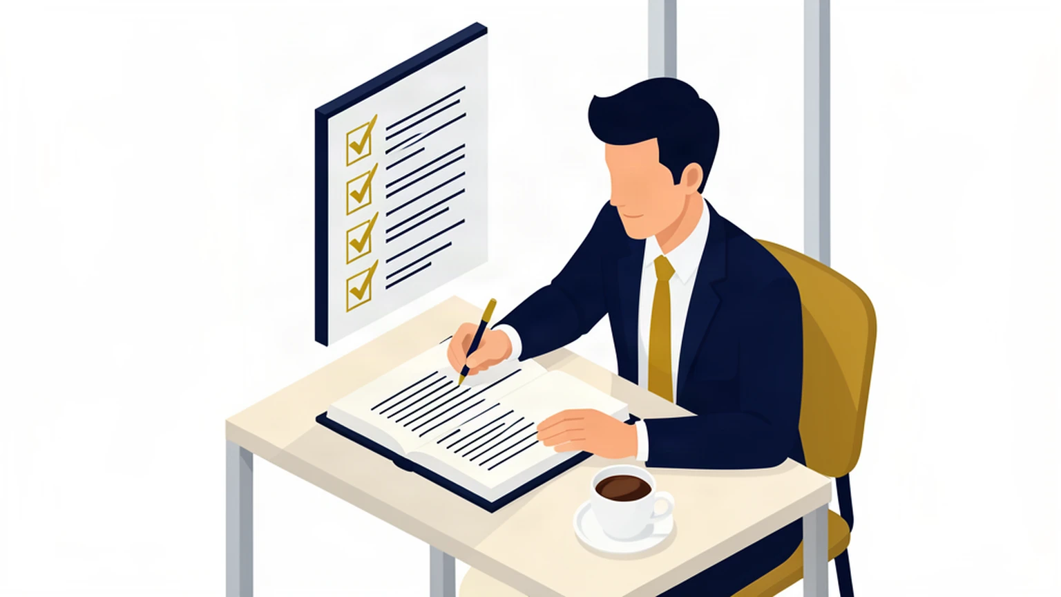 Business owner writing in a financial decision journal with a checklist