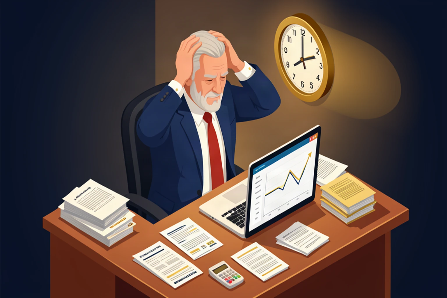 Isometric illustration of a stressed business owner surrounded by financial papers and charts at a cluttered desk