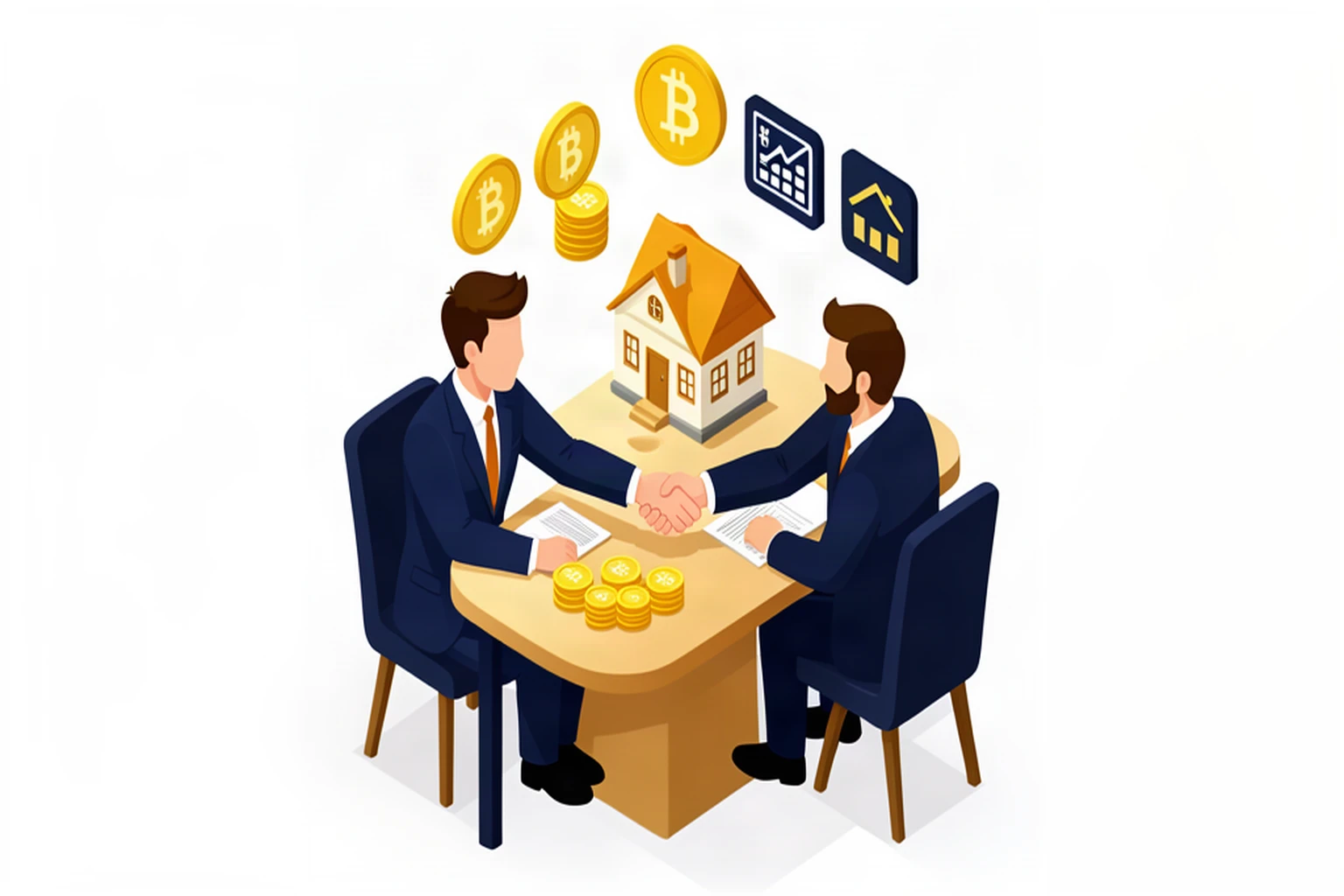 Isometric illustration of a business sale handshake with icons representing the 5 Methods of wealth building
