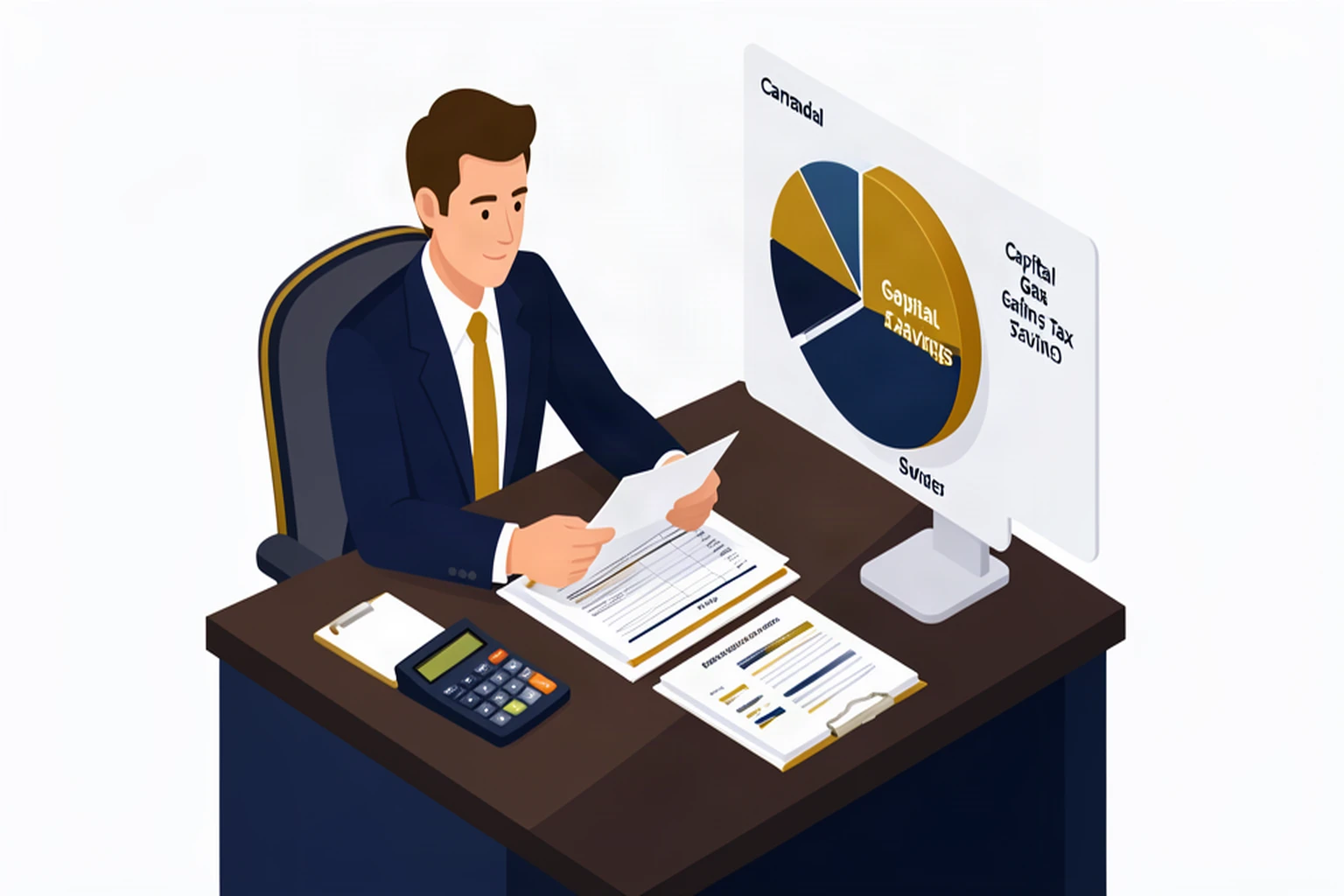 Isometric illustration of an accountant and business owner reviewing tax documents with a pie chart of savings