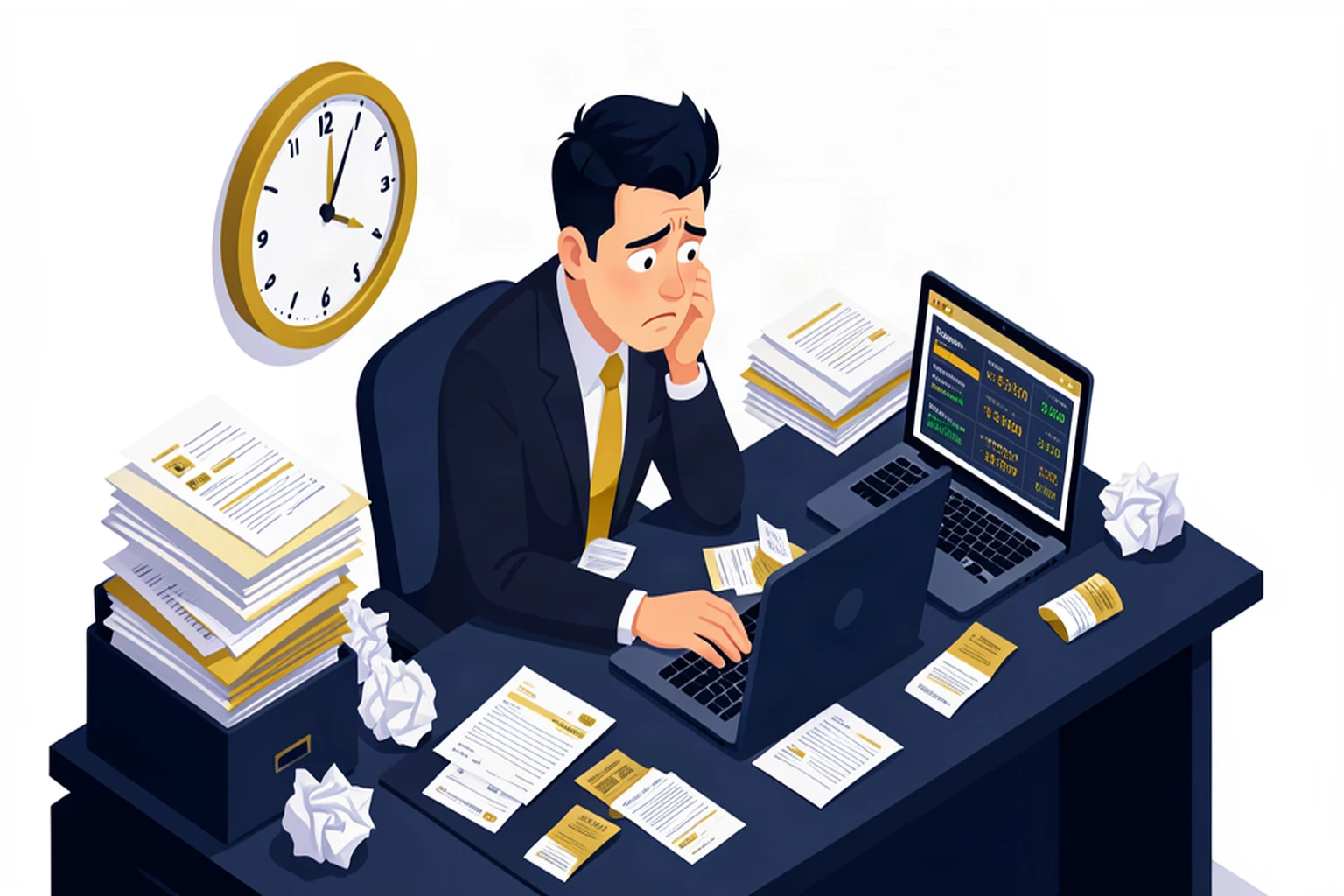 Stressed business owner buried in scattered receipts and paperwork at a cluttered desk