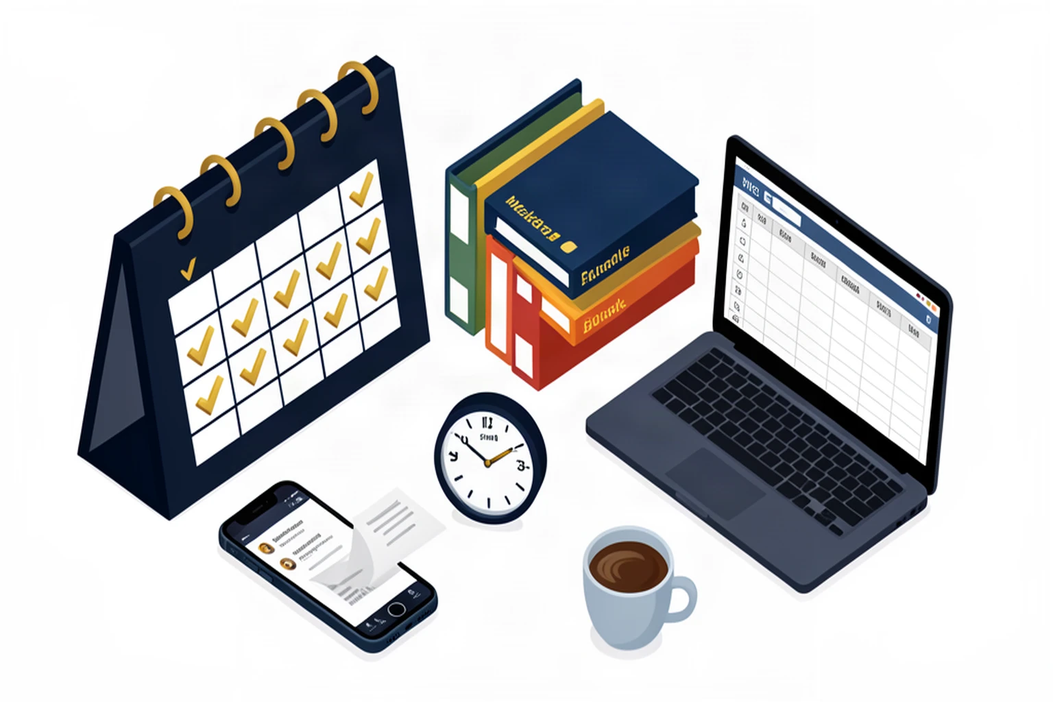 Isometric illustration of a weekly bookkeeping routine with a calendar of gold checkmarks, receipt scanning phone and organized folders