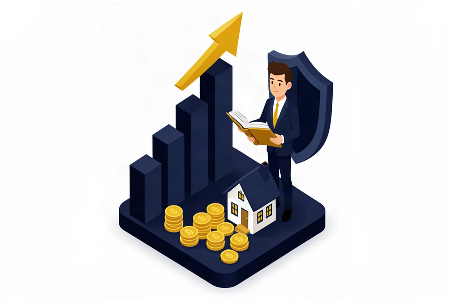 Confident business owner beside a rising bar chart holding an open ledger, symbolizing financial clarity and growth