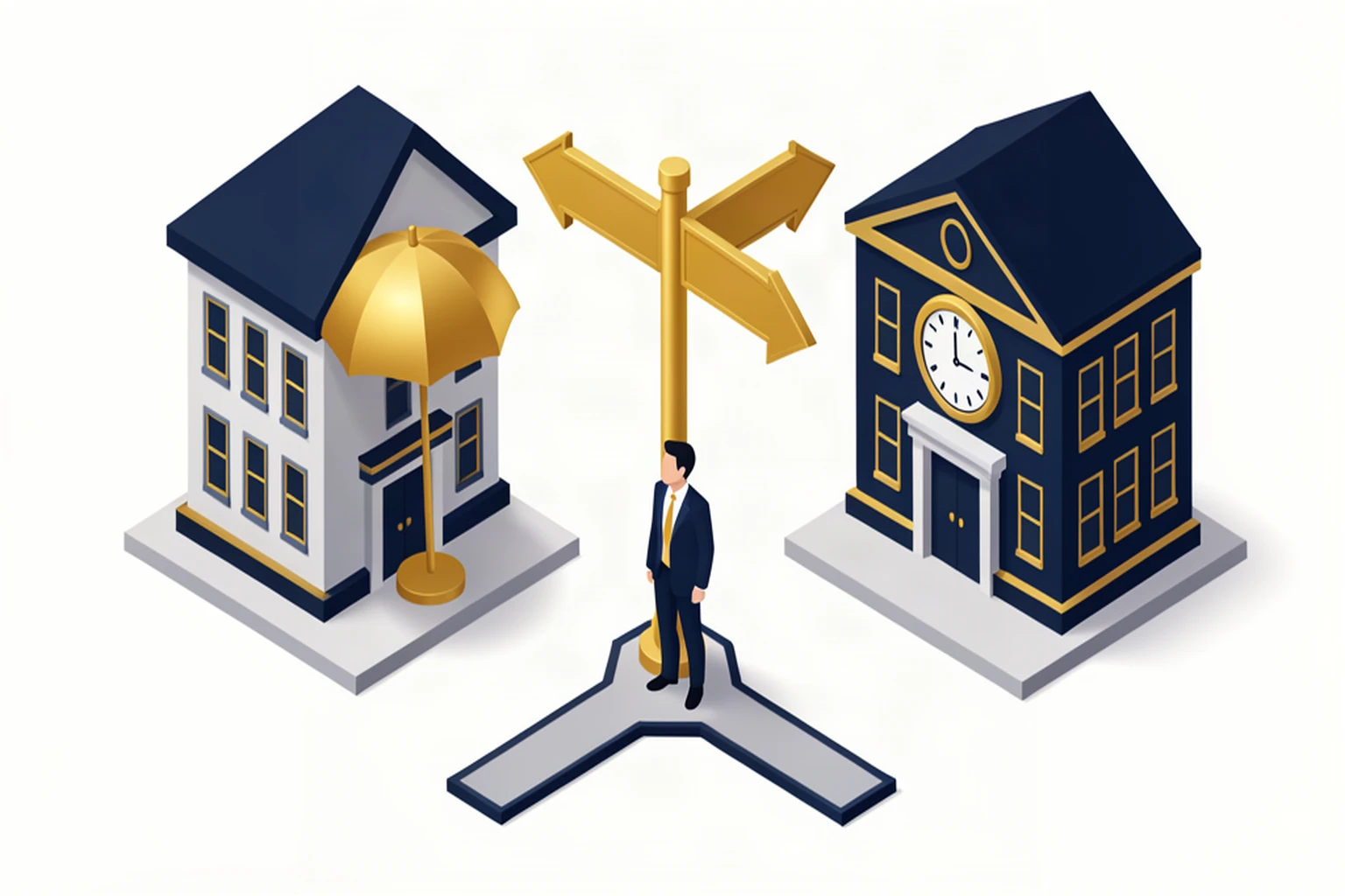 Business owner at a crossroads deciding between two financial paths TFSA versus RRSP, isometric illustration
