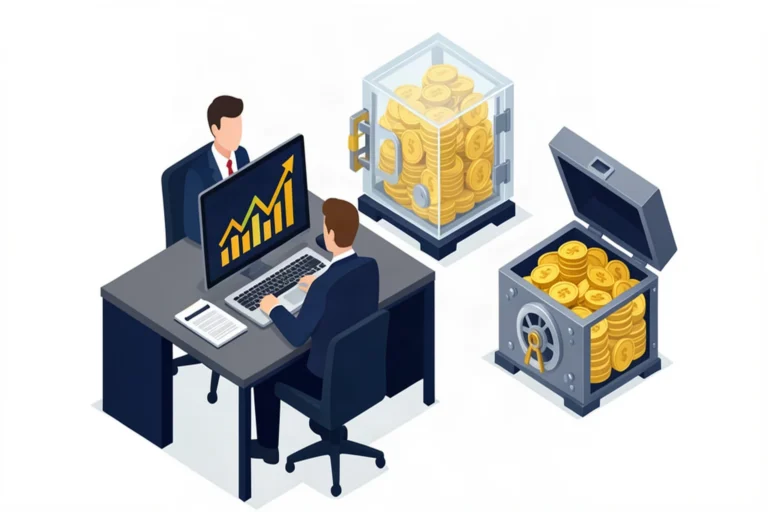 Canadian business owner comparing TFSA and RRSP savings options at a desk with gold coins, isometric illustration