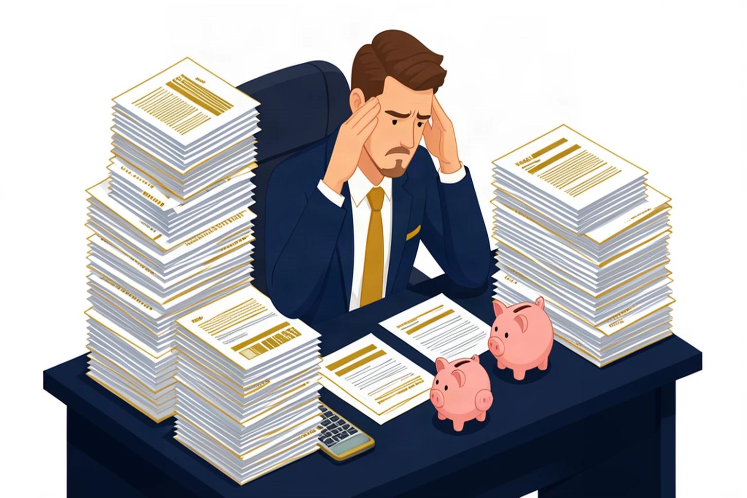 Stressed business owner surrounded by financial paperwork deciding between TFSA and RRSP, isometric illustration