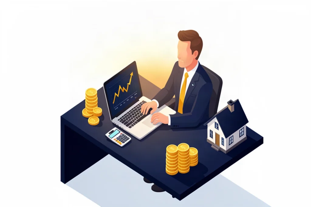 Business owner planning retirement at a desk with financial charts and gold coins, isometric illustration