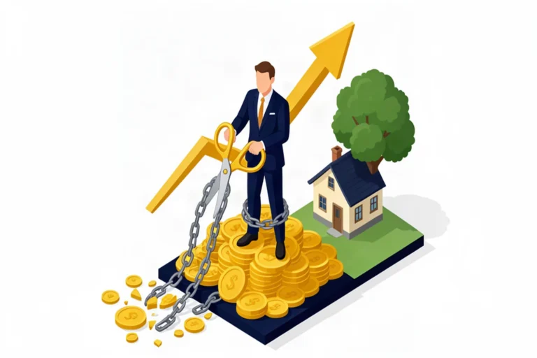 Business owner cutting the chain of debt with golden scissors, isometric illustration