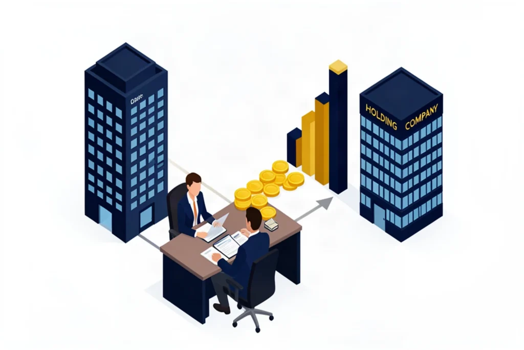 Business owner and advisor reviewing corporate structure options at a desk, isometric illustration