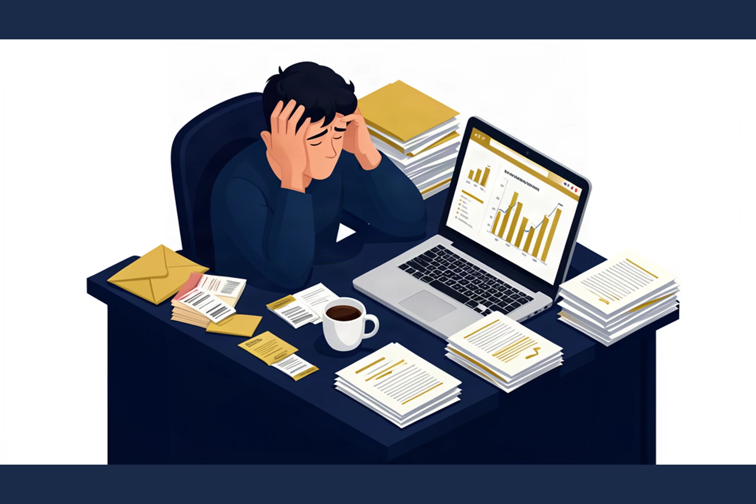Isometric illustration of a stressed business owner at a cluttered desk surrounded by piles of receipts and paperwork