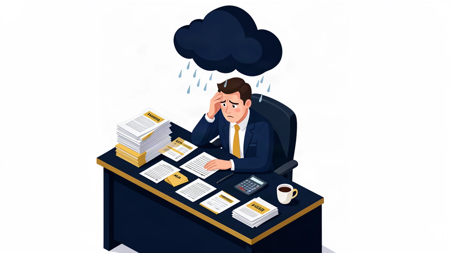 Business owner feeling financial stress surrounded by unpaid bills and paperwork