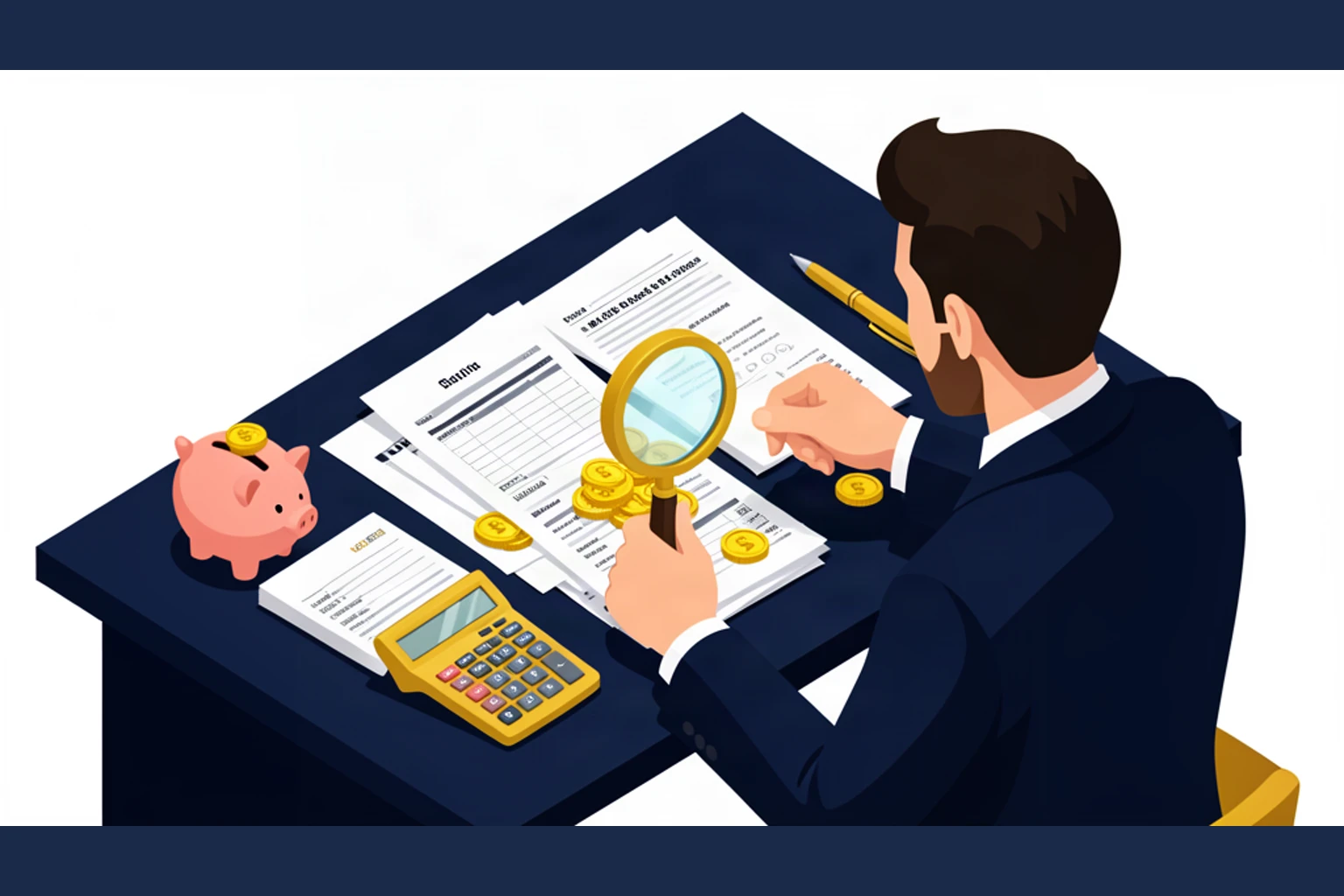 Isometric illustration of a business owner using a magnifying glass to find hidden gold coins among receipts and tax documents