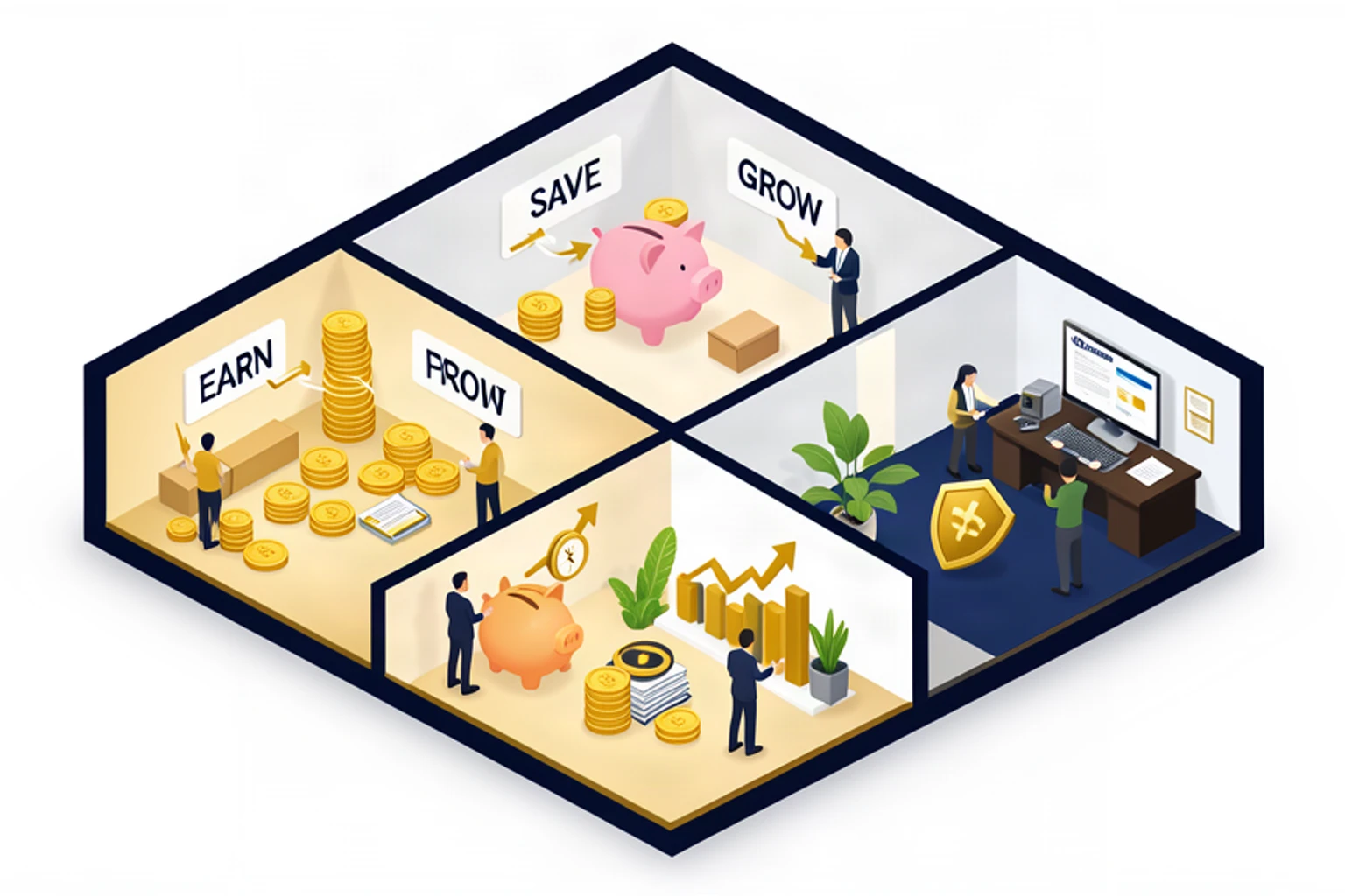 Isometric Financial House with four rooms: Earn, Save, Grow, Protect