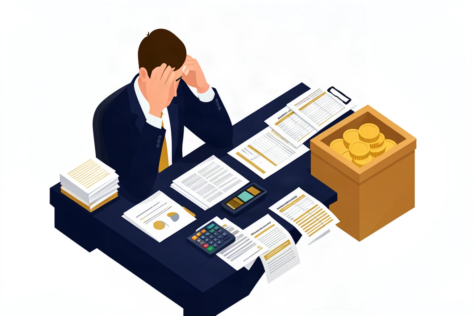 Stressed business owner surrounded by tax papers and financial documents, isometric illustration