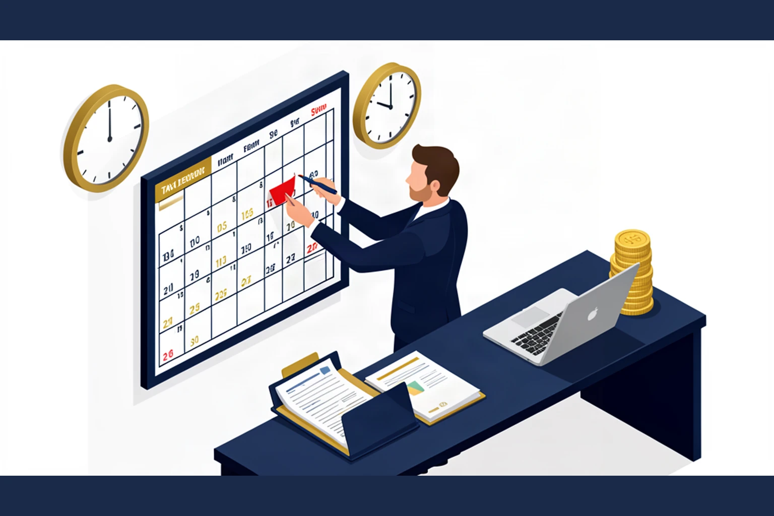 Isometric illustration of a business owner checking off deadlines on a large calendar with a clock and tax documents nearby