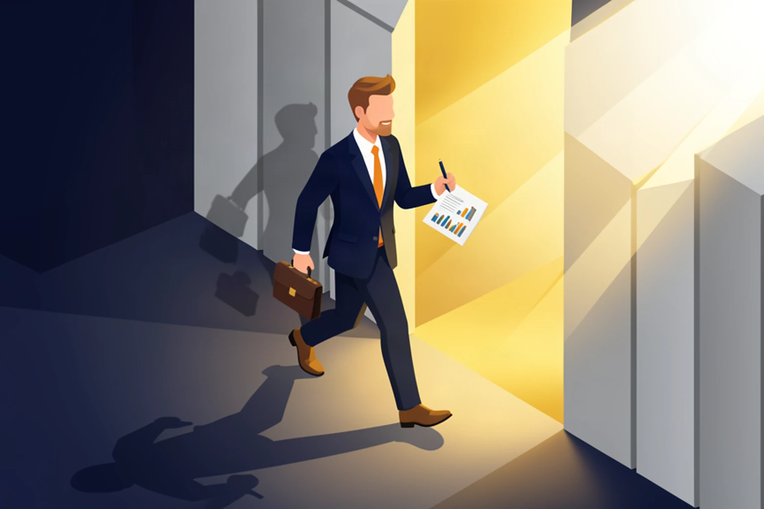 Confident business owner breaking through barriers and taking action on financial goals