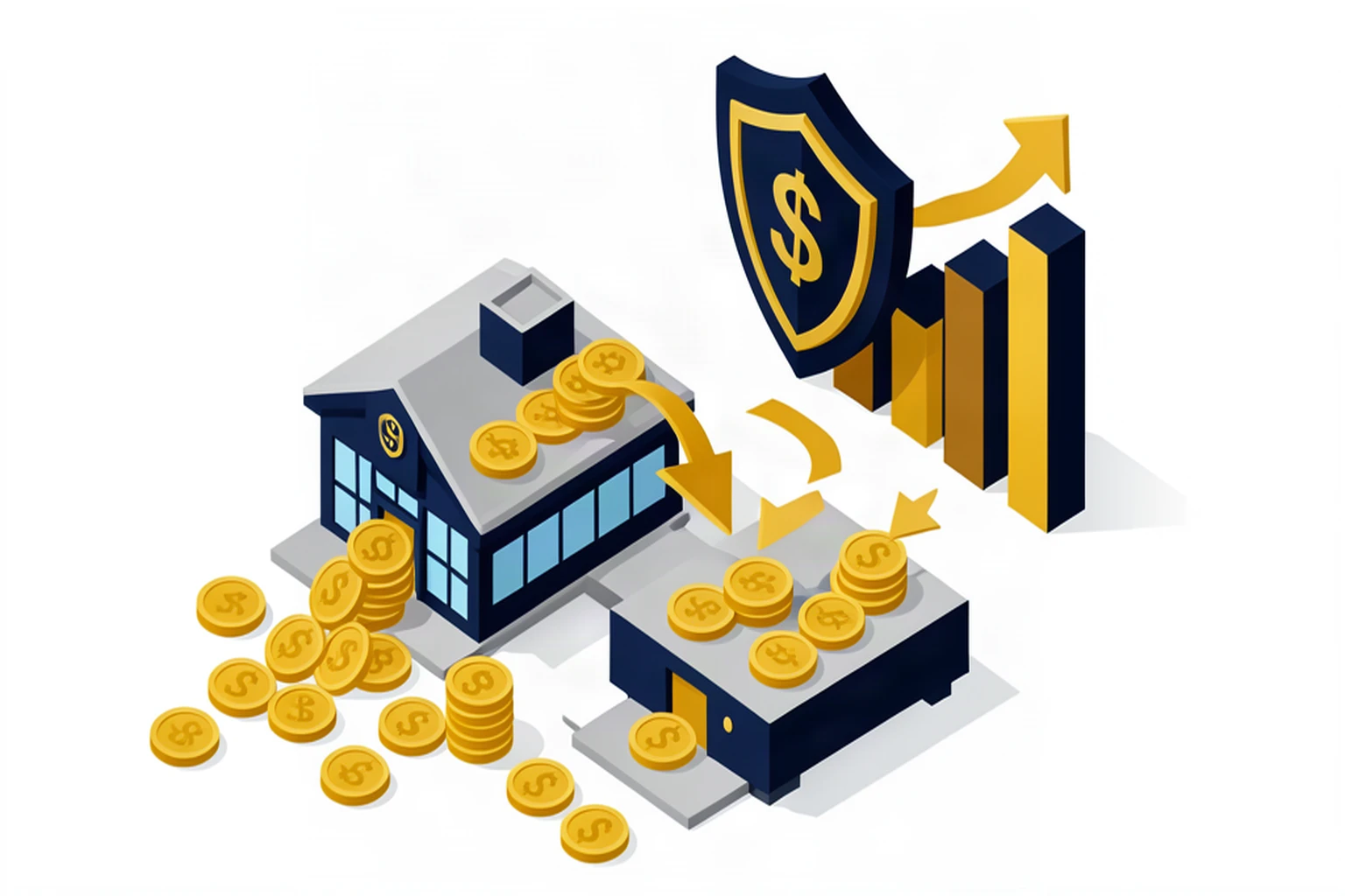 Gold coins flowing from operating company into a protected holding company structure, isometric illustration