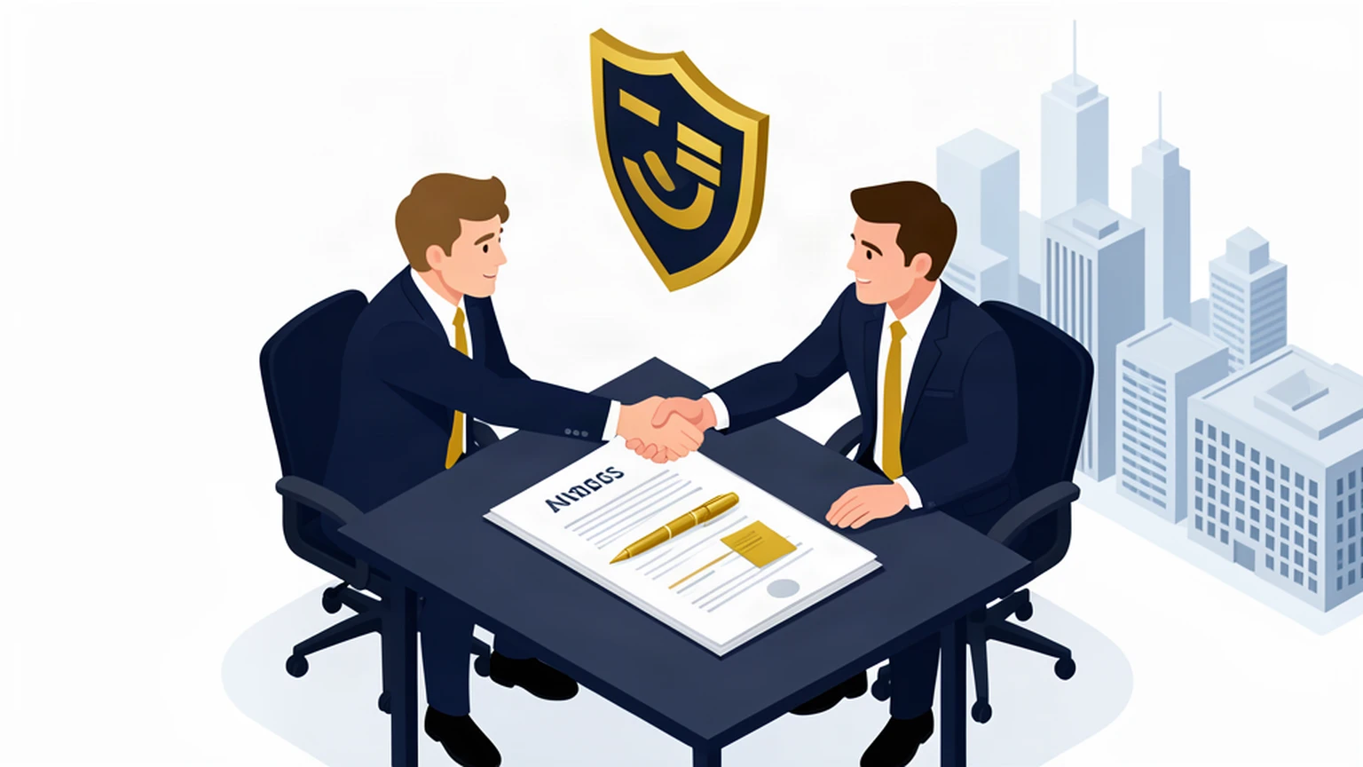 Two business partners shaking hands over a buy-sell agreement document